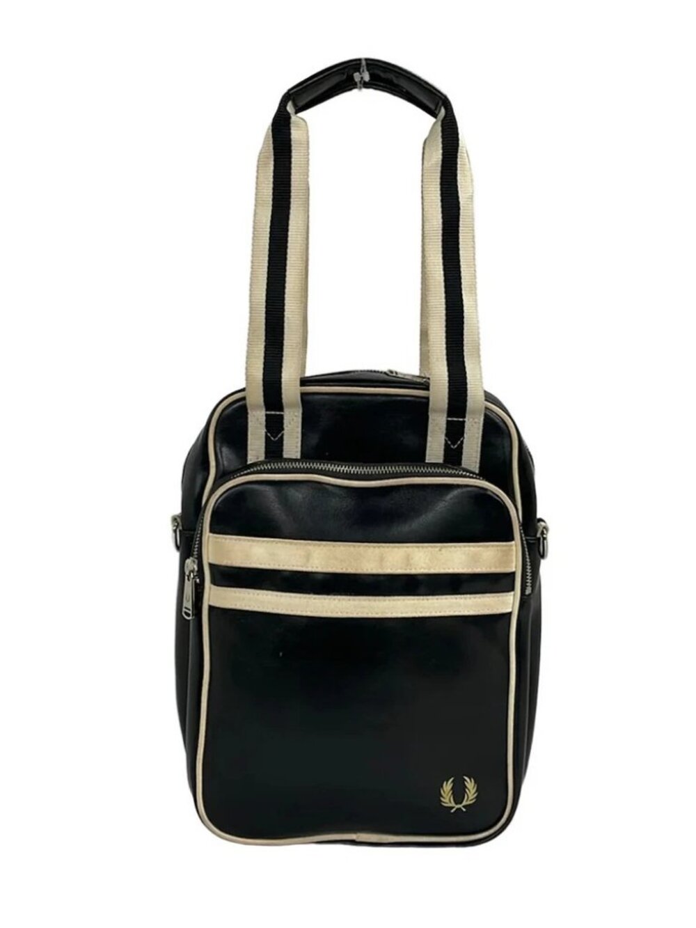 FRED PERRY Black Cream Leather Nylon Canvas Handbag